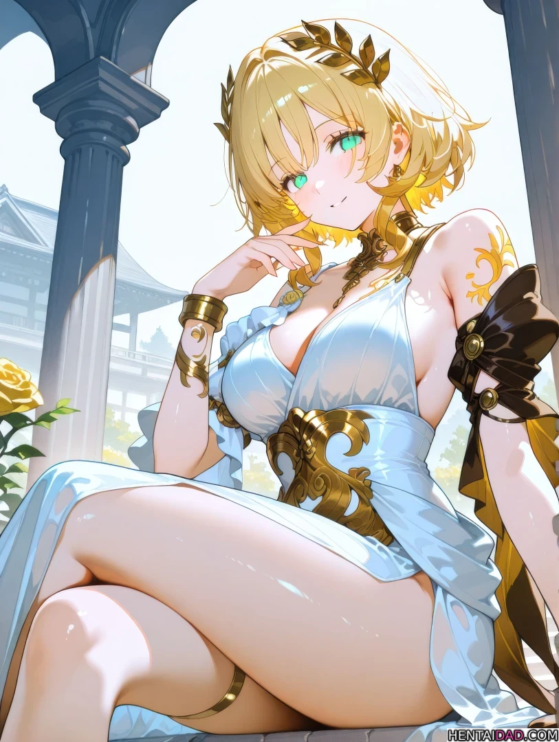 Aglaea dịu dàng trong tà áo Hy Lạp, ánh mắt xanh biếc giữa nắng vàng. Aglaea dịu dàng trong tà áo Hy Lạp, ánh mắt xanh biếc giữa nắng vàng.