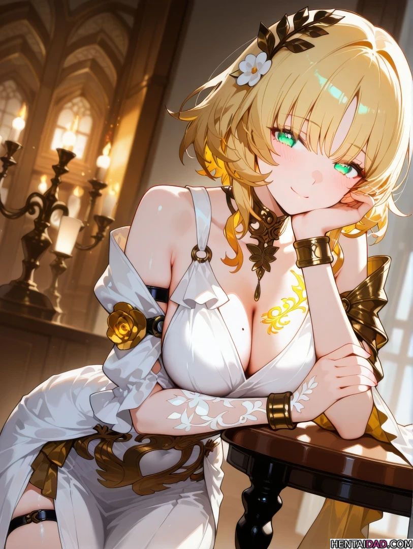 Aglaea dịu dàng tựa vào lan can, ánh mắt hướng về cổng vàng lộng lẫy. Aglaea dịu dàng tựa vào lan can, ánh mắt hướng về cổng vàng lộng lẫy.