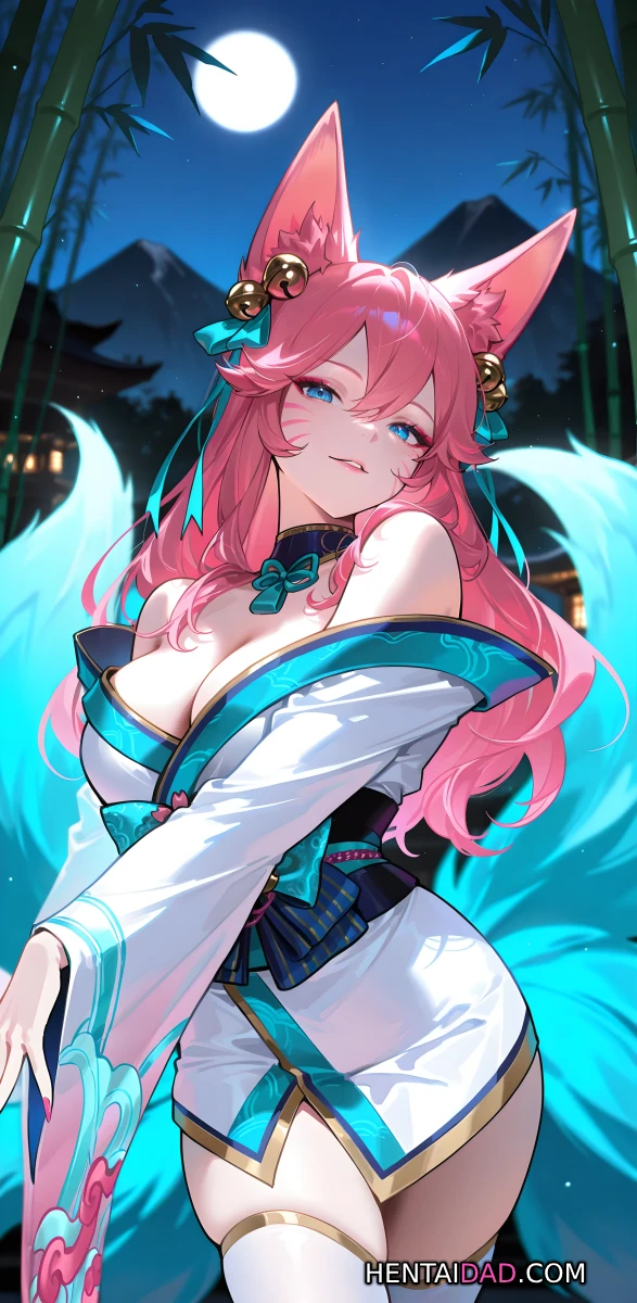 Ahri dưới ánh trăng huyền ảo giữa rừng tre xanh, vẻ đẹp ma mị đầy mê h Ahri dưới ánh trăng huyền ảo giữa rừng tre xanh, vẻ đẹp ma mị đầy mê h