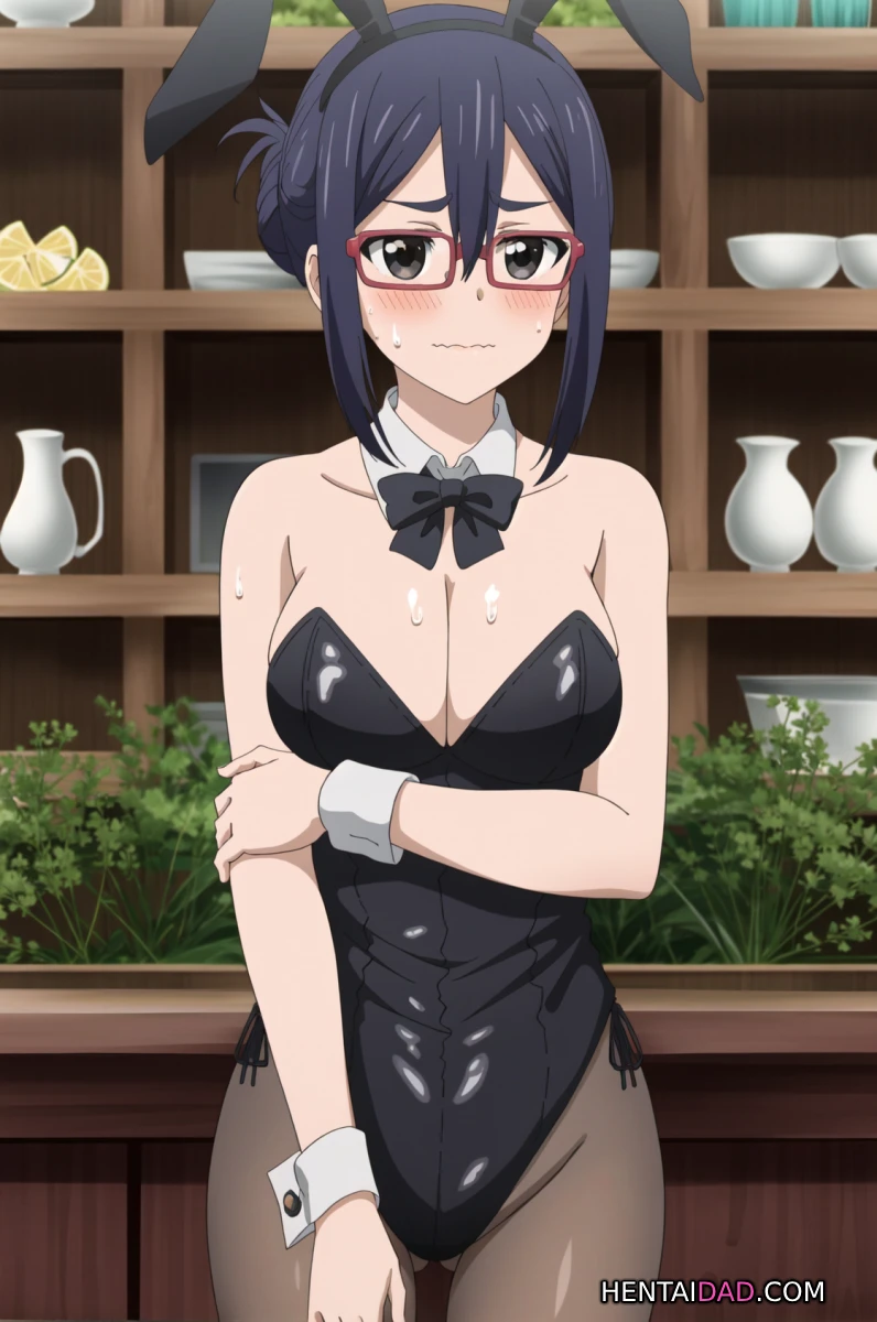 Ami Asai ngượng ngùng trước kệ đồ gốm và cây xanh. Ami Asai ngượng ngùng trước kệ đồ gốm và cây xanh.