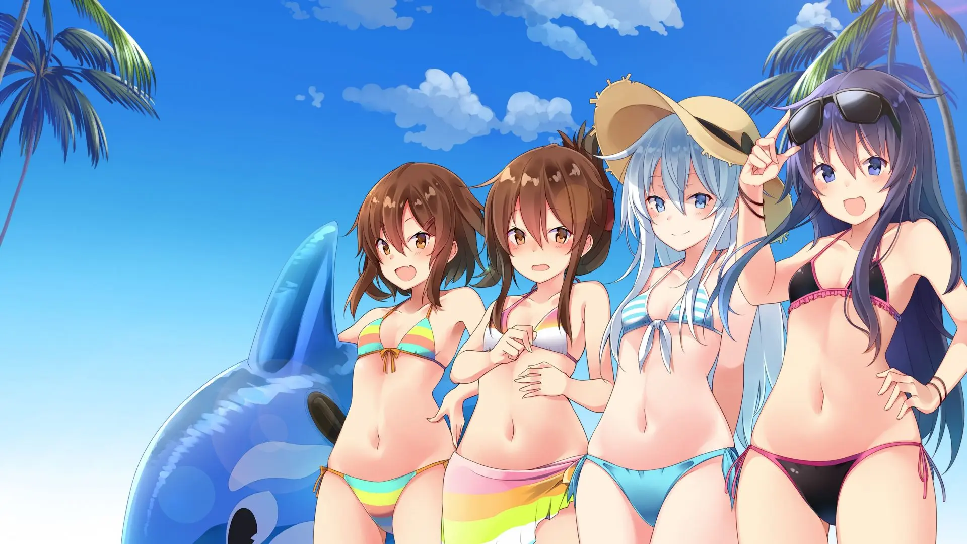 Bốn gái anime dễ thương mặc bikini sặc sỡ tạo dáng vui trên bãi biển xanh Bốn gái anime dễ thương mặc bikini sặc sỡ tạo dáng vui trên bãi biển xanh
