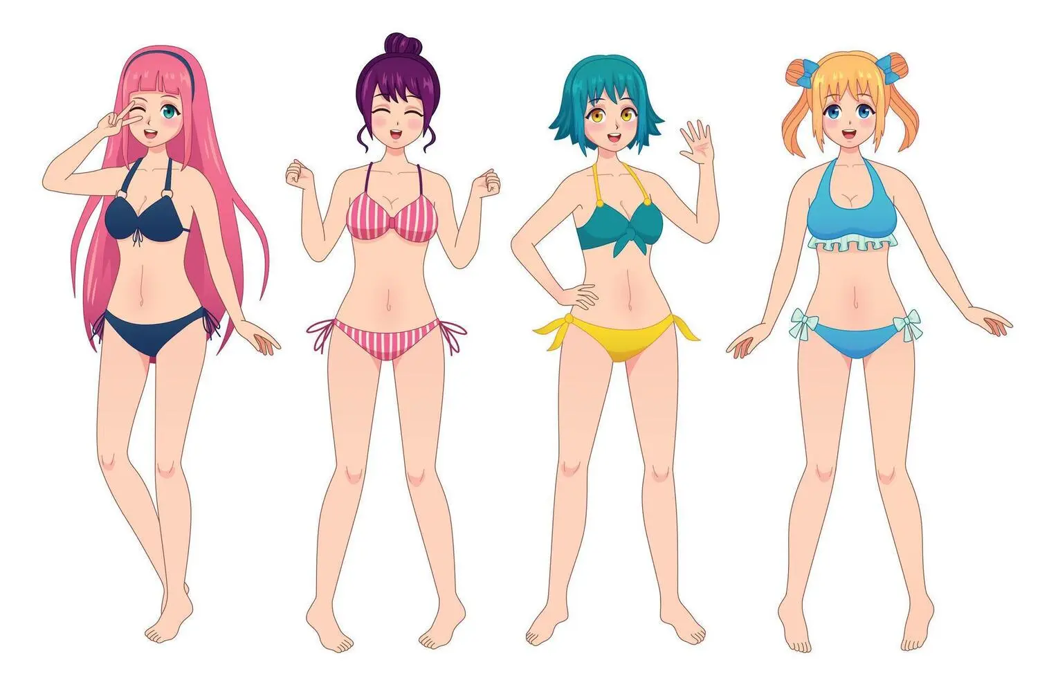Bốn gái anime xinh đẹp mặc bikini sặc sỡ tạo dáng vui vẻ dễ thương Bốn gái anime xinh đẹp mặc bikini sặc sỡ tạo dáng vui vẻ dễ thương