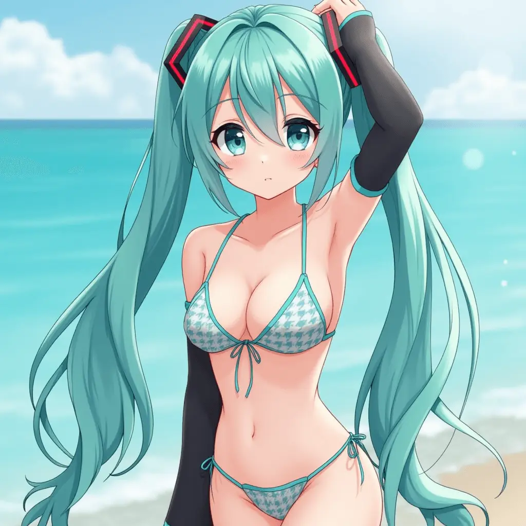 Cô gái anime hatsune miku mặc bikini xanh quyến rũ trên bãi biển Cô gái anime hatsune miku mặc bikini xanh quyến rũ trên bãi biển