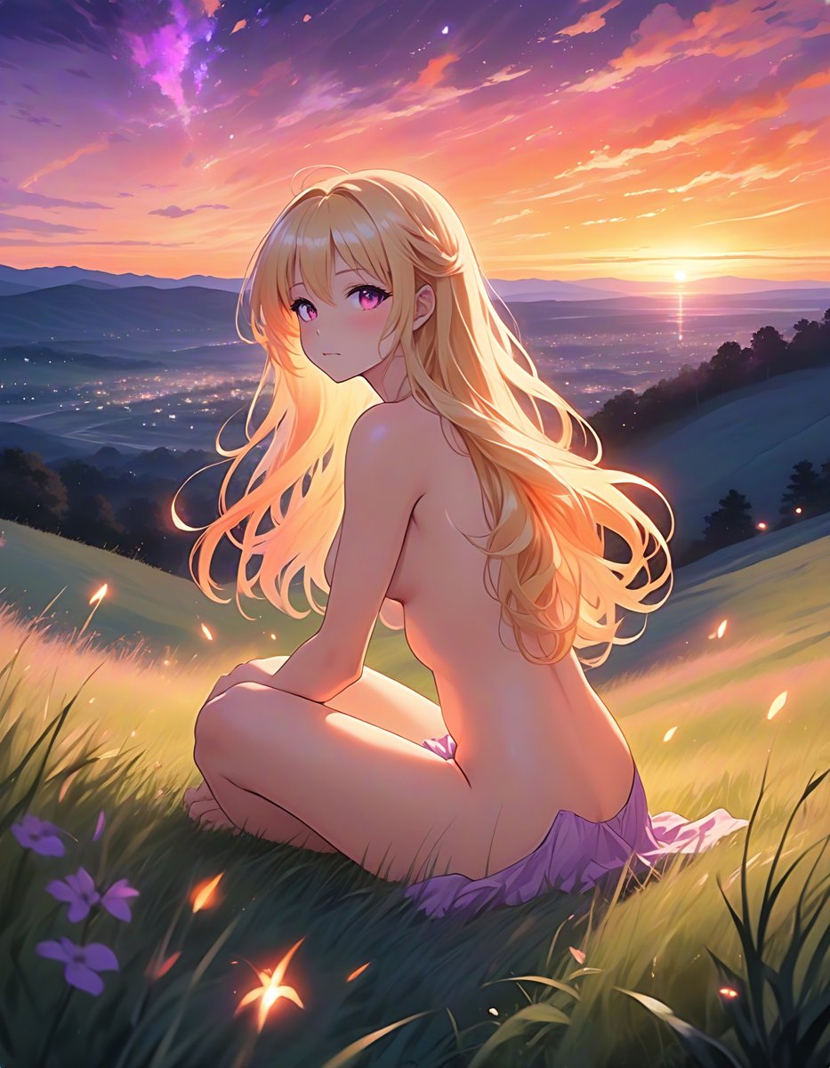 Gái anime không mặc đồ ngồi trên cỏ ngắm hoàng hôn rực rỡ với đom đóm và núi non Gái anime không mặc đồ ngồi trên cỏ ngắm hoàng hôn rực rỡ với đom đóm và núi non