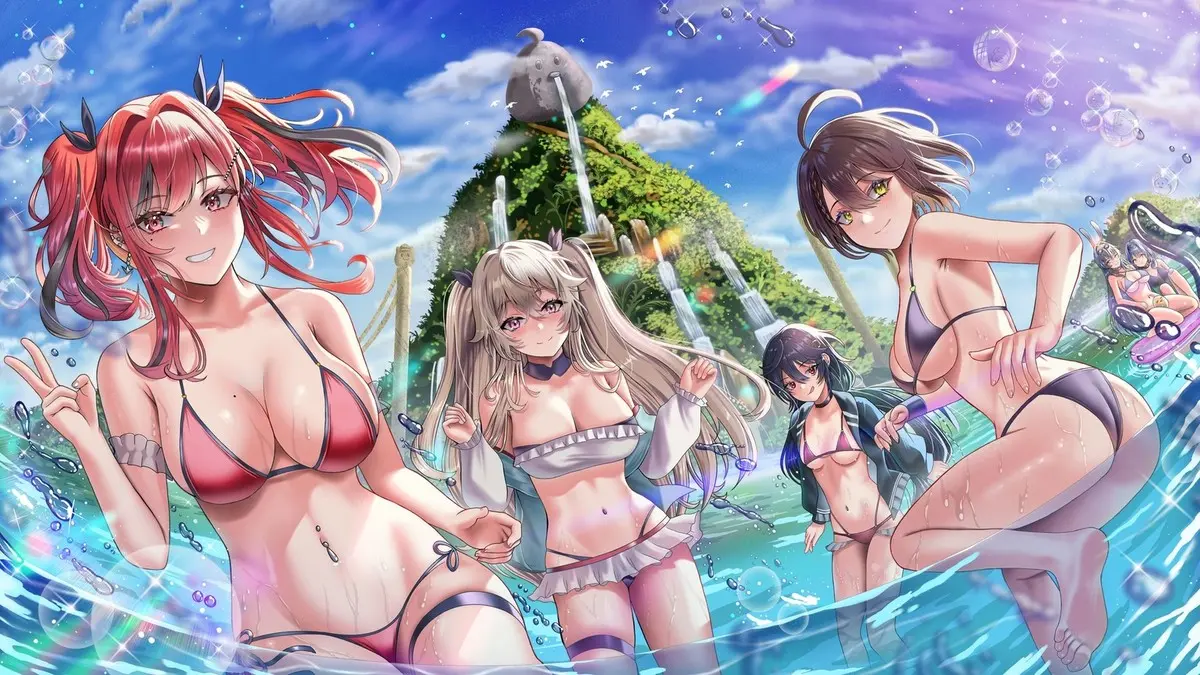 Gái anime mặc bikini vui đùa bên bãi biển với núi và thác nước Gái anime mặc bikini vui đùa bên bãi biển với núi và thác nước