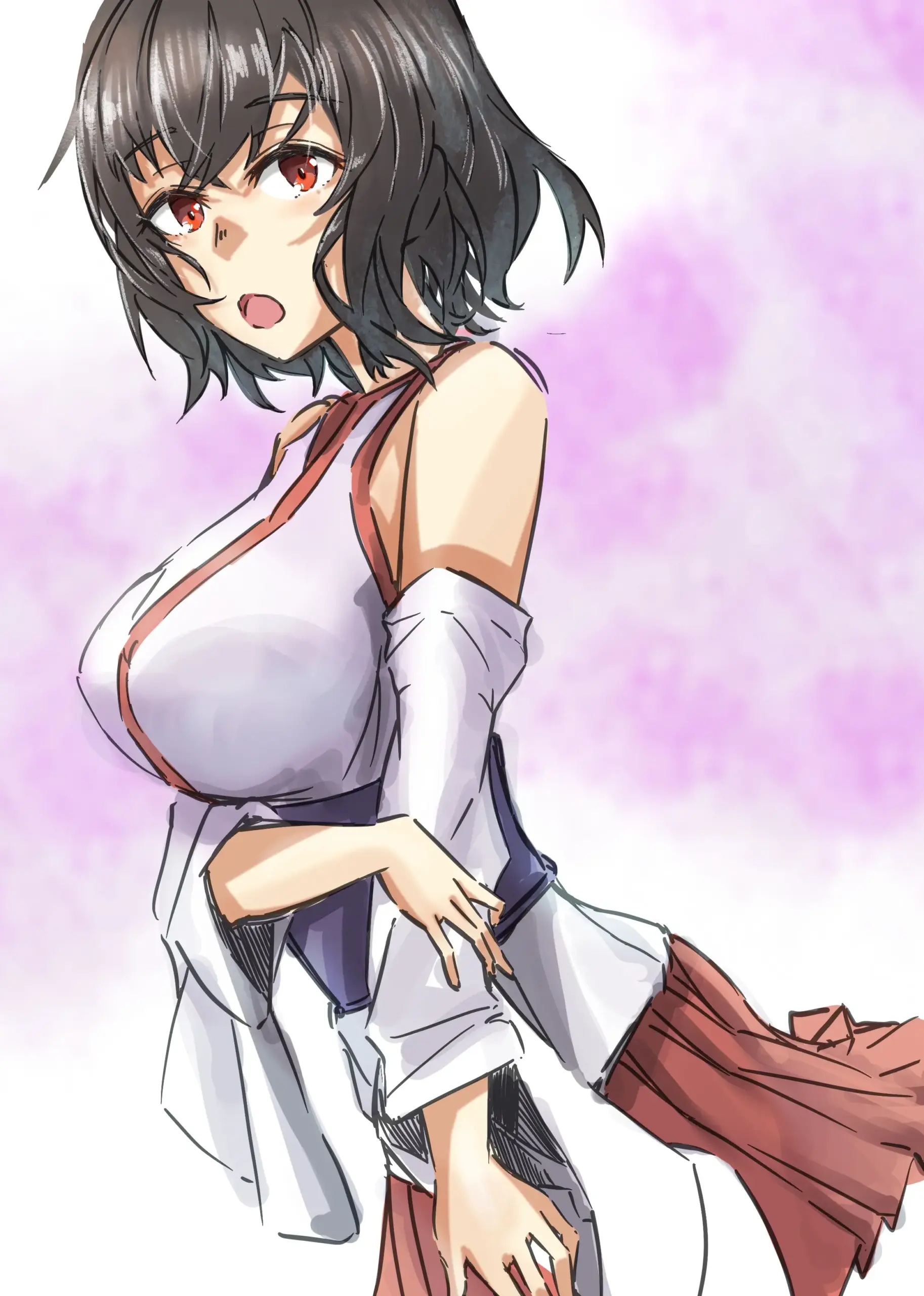 Gái anime ngực to tròn mắt đỏ tóc đen mặc yukata trắng váy đỏ quyến rũ Gái anime ngực to tròn mắt đỏ tóc đen mặc yukata trắng váy đỏ quyến rũ