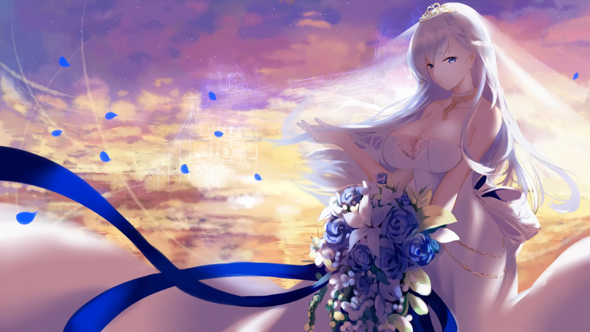 Gái anime to tròn diện váy cưới cầm hoa ngắm hoàng hôn Gái anime to tròn diện váy cưới cầm hoa ngắm hoàng hôn