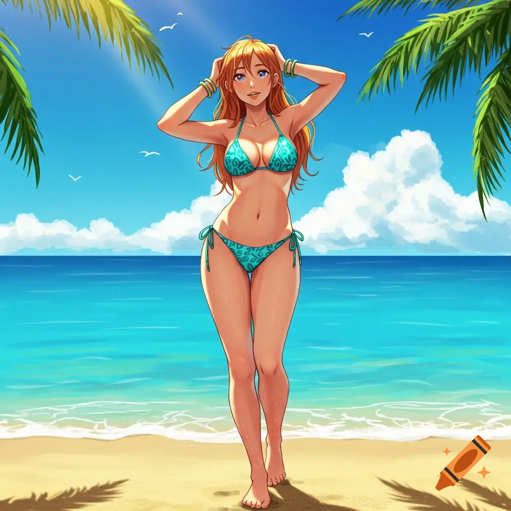 Gái anime tóc cam mặc bikini xanh quyến rũ trên bãi biển nắng vàng Gái anime tóc cam mặc bikini xanh quyến rũ trên bãi biển nắng vàng