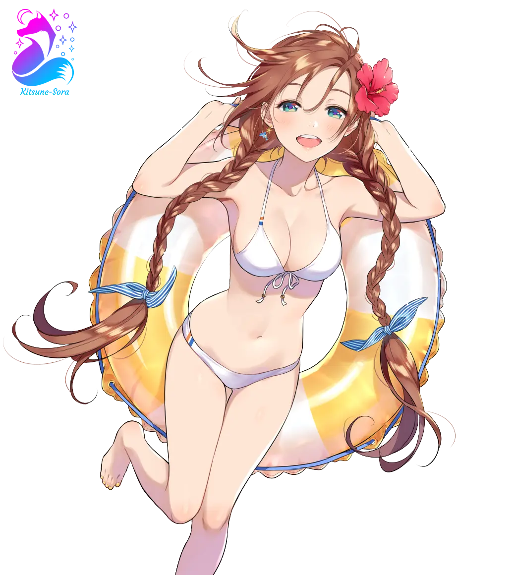 Gái anime tóc nâu dài mặc bikini trắng ngồi vui trên vòng phao bơi vàng Gái anime tóc nâu dài mặc bikini trắng ngồi vui trên vòng phao bơi vàng