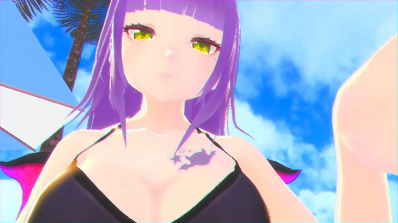 Gái anime tóc tím mắt xanh mặc bikini đen gợi cảm bên bãi biển nhiệt đới Gái anime tóc tím mắt xanh mặc bikini đen gợi cảm bên bãi biển nhiệt đới