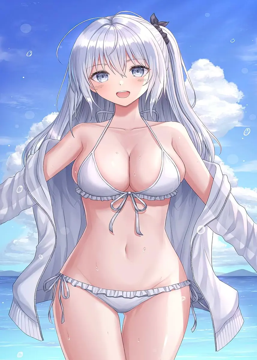 Gái anime tóc trắng mặc bikini trắng với áo khoác mở bên bờ biển Gái anime tóc trắng mặc bikini trắng với áo khoác mở bên bờ biển
