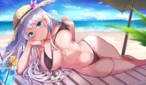 Gái anime tóc trắng mắt xanh mặc bikini đen nằm thư giãn trên ghế bãi biển