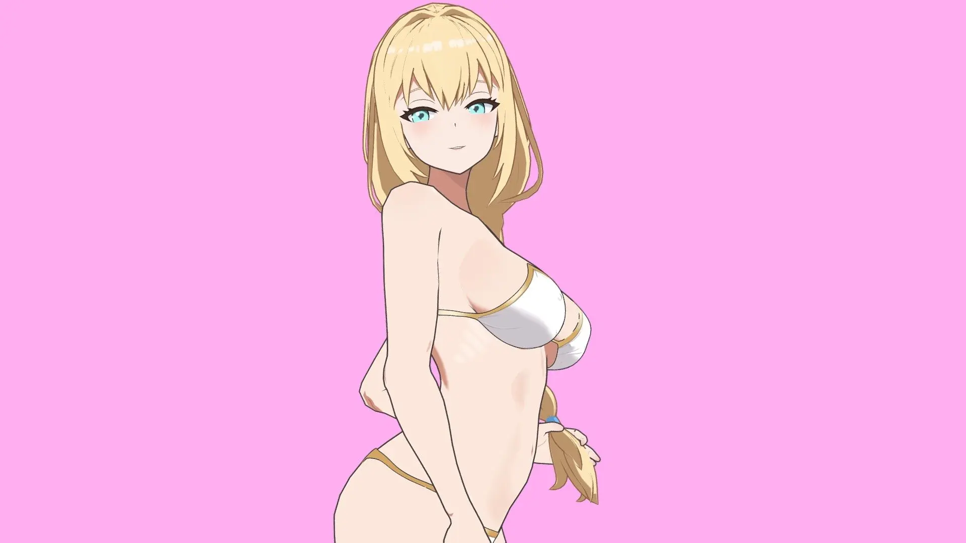 Gái anime tóc vàng mặc bikini trắng vàng quyến rũ đứng nghiêng trên nền hồng Gái anime tóc vàng mặc bikini trắng vàng quyến rũ đứng nghiêng trên nền hồng