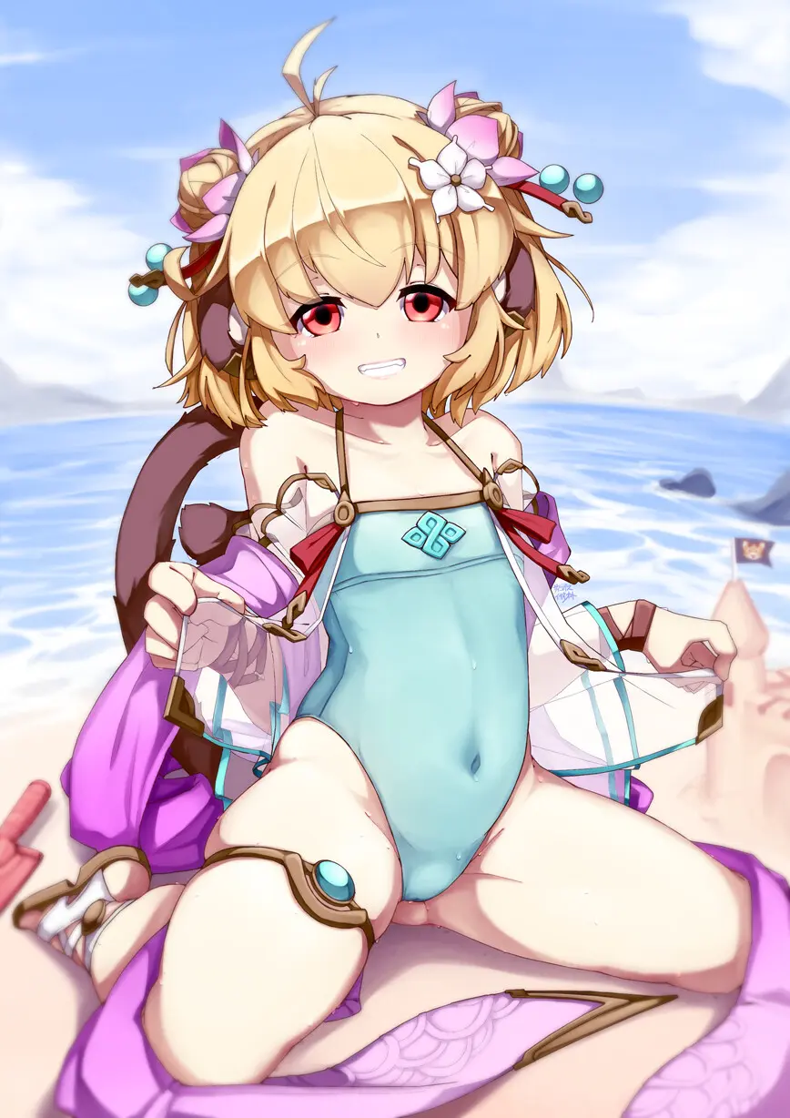 Gái anime tóc vàng mắt đỏ mặc bikini xanh ngồi ngại ngùng trên bãi biển Gái anime tóc vàng mắt đỏ mặc bikini xanh ngồi ngại ngùng trên bãi biển