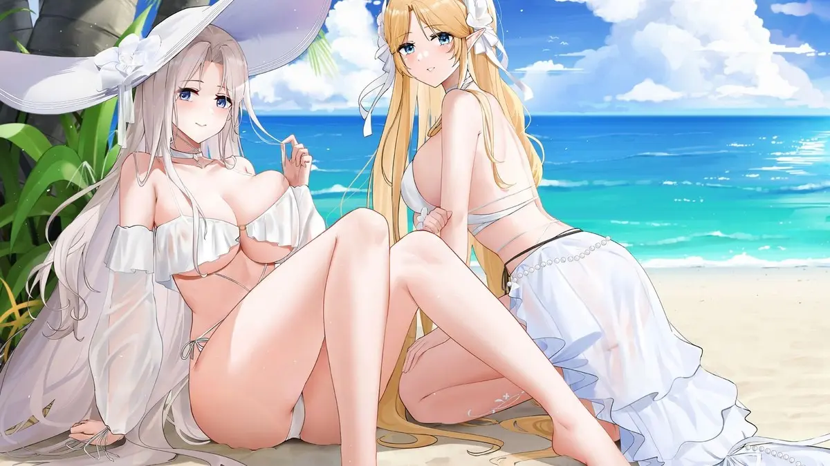 Hai gái anime xinh đẹp mặc bikini trắng ngồi thư giãn trên bãi biển Hai gái anime xinh đẹp mặc bikini trắng ngồi thư giãn trên bãi biển