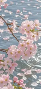 Hình nền ảnh hoa đào nở rộ trên mặt nước dịu dàng