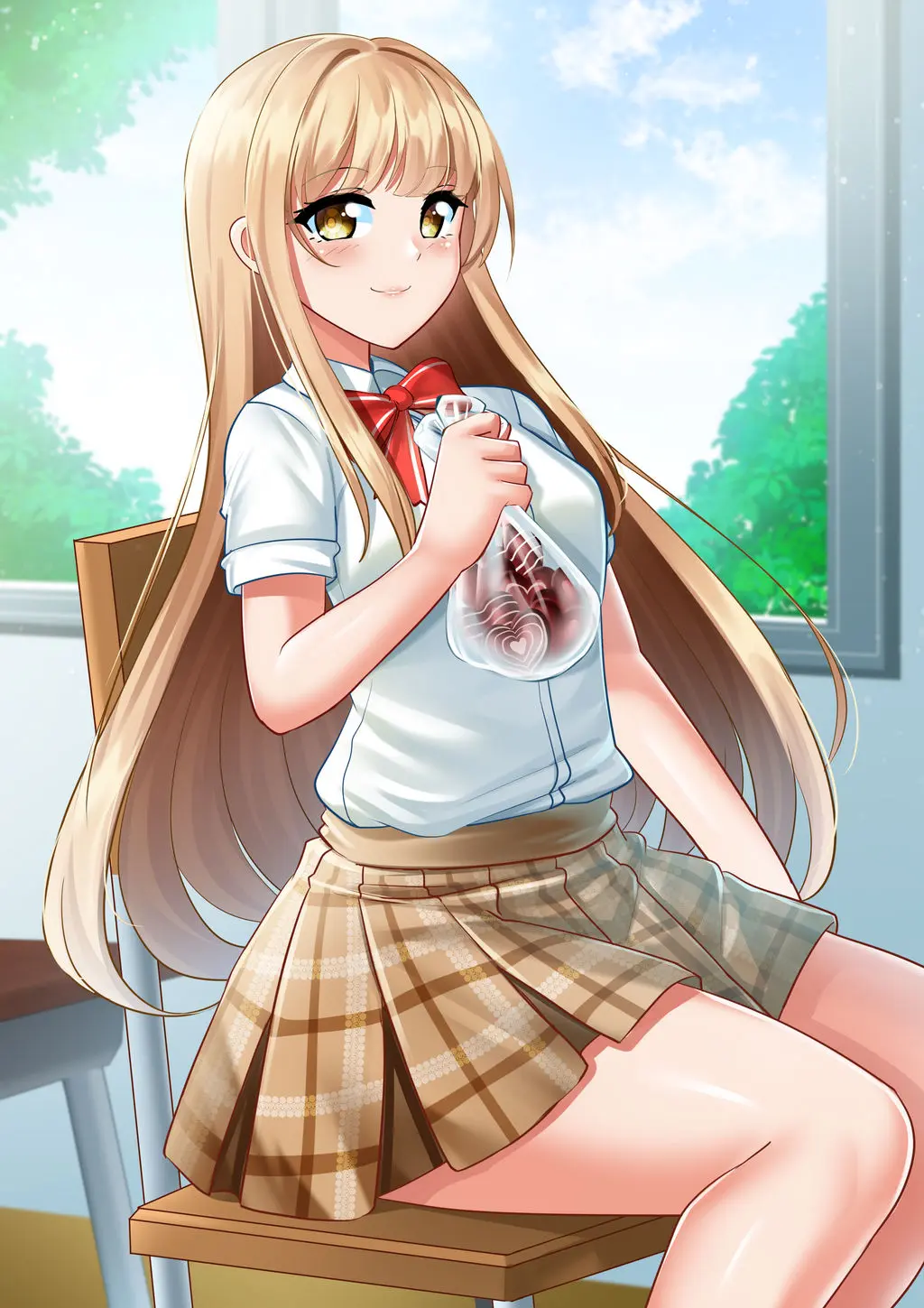 Ảnh shiina mahiru hentai mặc đồng phục cầm túi tim đỏ ngồi ghế dễ thương Ảnh shiina mahiru hentai mặc đồng phục cầm túi tim đỏ ngồi ghế dễ thương