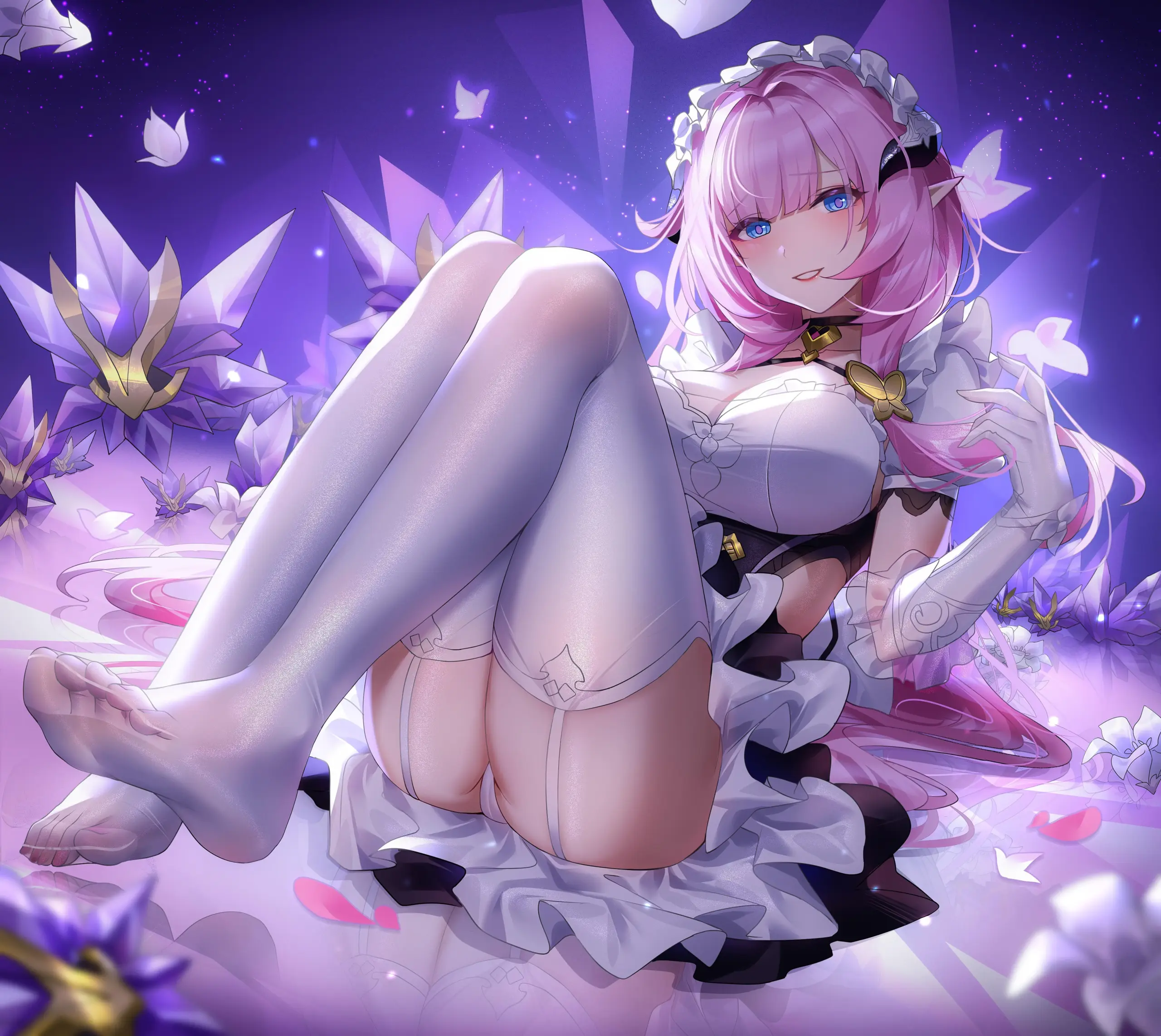 Elysia hentai elf tóc hồng mặc hầu gái trắng ngồi dang chân khoe ngực mông gợi cảm nền tím Elysia hentai elf tóc hồng mặc hầu gái trắng ngồi dang chân khoe ngực mông gợi cảm nền tím
