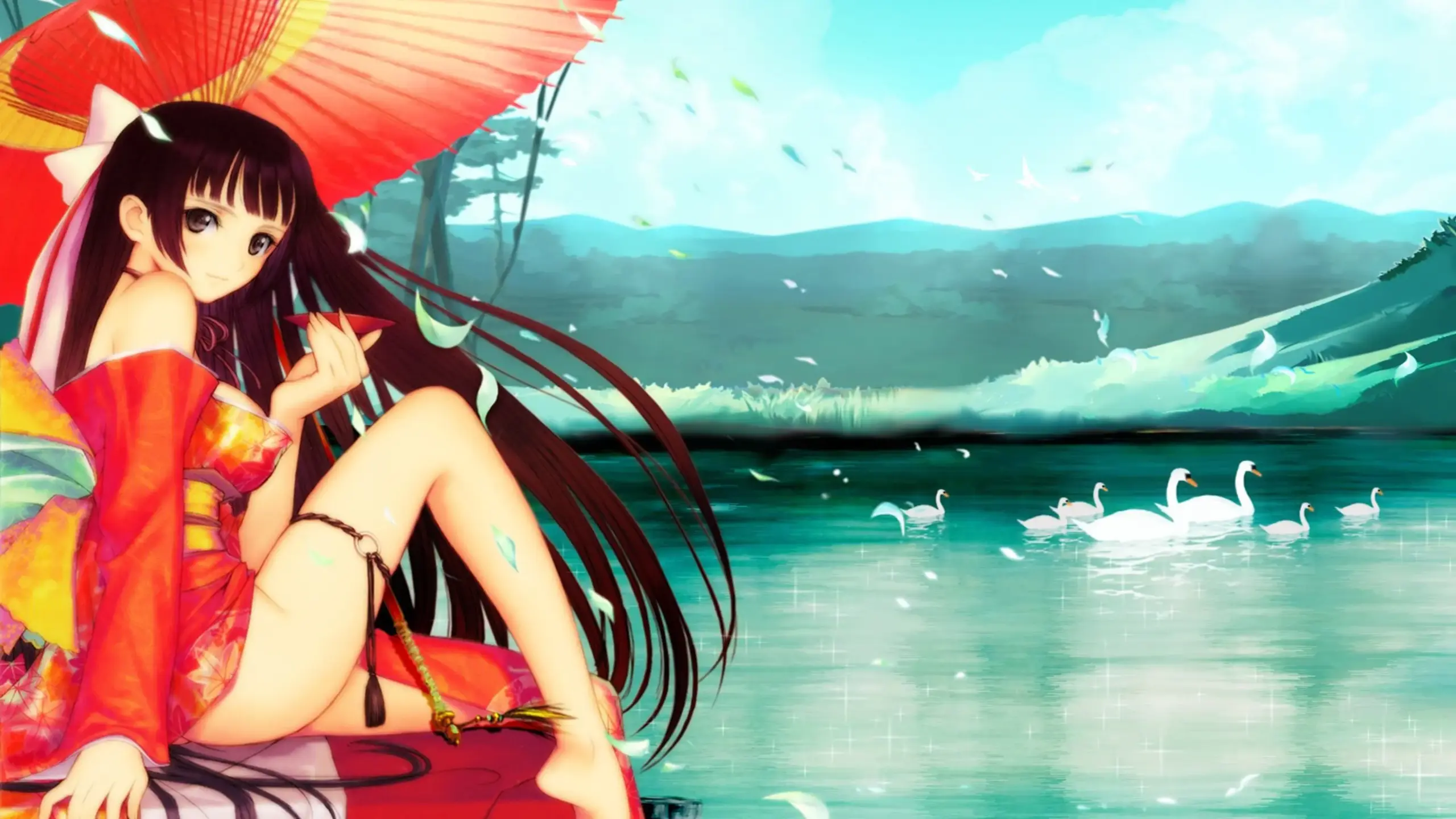 Hình nền hentai mỹ nữ yukata đỏ cầm ô bên hồ thiên nga thơ mộng Hình nền hentai mỹ nữ yukata đỏ cầm ô bên hồ thiên nga thơ mộng