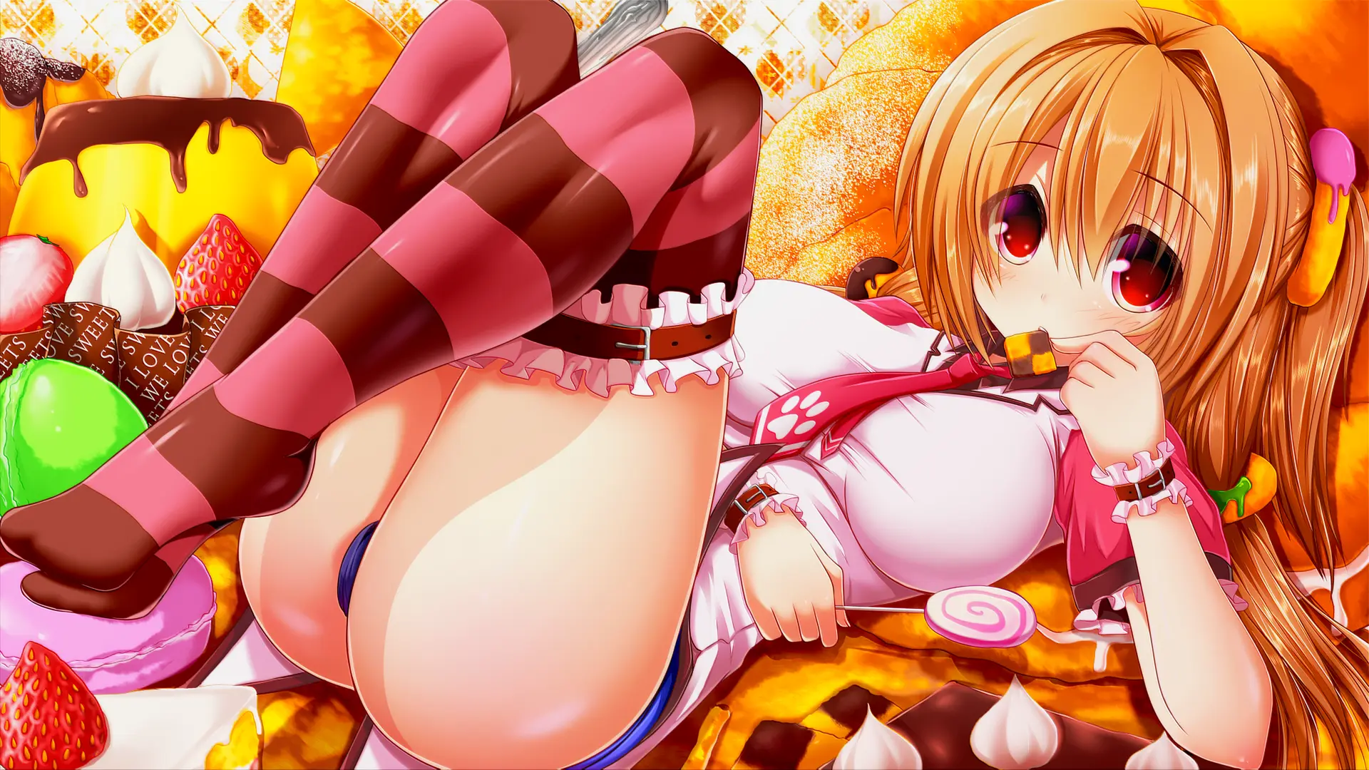 Hình nền hentai thiếu nữ anime tóc vàng nằm trên đống bánh kẹo gợi cảm Hình nền hentai thiếu nữ anime tóc vàng nằm trên đống bánh kẹo gợi cảm